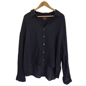 Tahari Crinkle Linen Button Front Shirt High Low Black Sz XL Coastal Minimalist